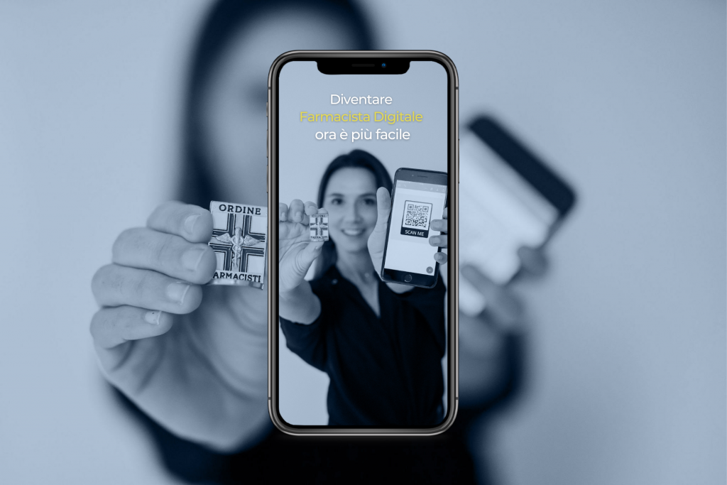 il farmacista digitale con in mano il caduceo e lo smartphone, digitalizza il consiglio e diventa farmagrammer